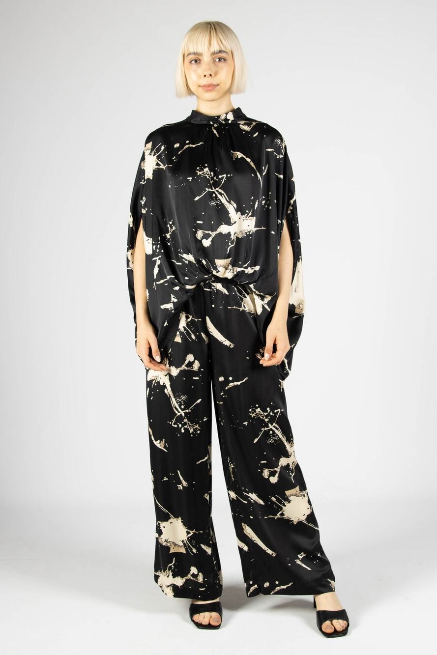 BEFORE YOU Top LARGE Asymmetric Draped Mock-neck Cape Black Satin Marble